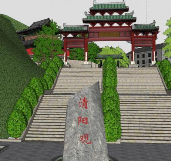 道观牌坊古建筑SU模型下载_sketchup草图大师SKP模型