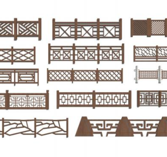 新中式木质栏杆SU模型下载_sketchup草图大师SKP模型