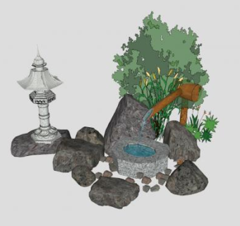 日式小品景观流水配景树SU模型下载_sketchup草图大师SKP模型