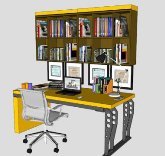 学生桌笔记本电脑桌上书架SU模型下载_sketchup草图大师SKP模型