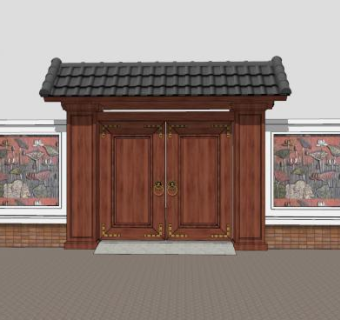 中式合院大门景墙SU模型下载_sketchup草图大师SKP模型
