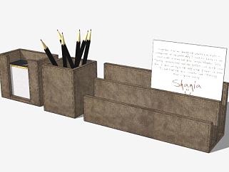 棕色皮质笔筒组合SU模型下载_sketchup草图大师SKP模型