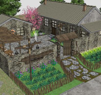 民宿建筑篱笆院子SU模型下载_sketchup草图大师SKP模型
