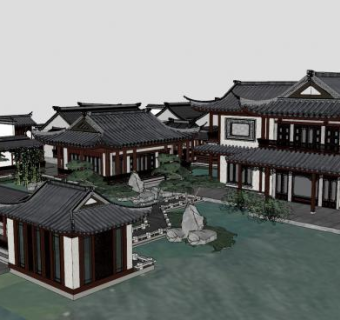 中式园林别墅建筑SU模型下载_sketchup草图大师SKP模型