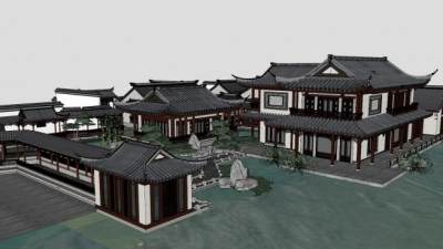 中式园林别墅建筑SU模型下载_sketchup草图大师SKP模型