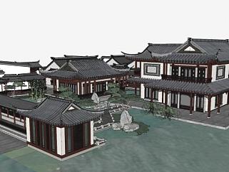 中式园林别墅建筑SU模型下载_sketchup草图大师SKP模型