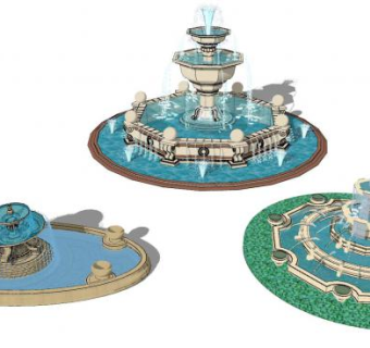 三个欧式喷泉水景SU模型下载_sketchup草图大师SKP模型