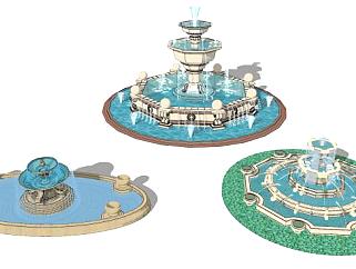 三个欧式喷泉水景SU模型下载_sketchup草图大师SKP模型
