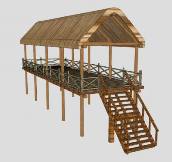 高脚屋茅草亭子SU模型下载_sketchup草图大师SKP模型