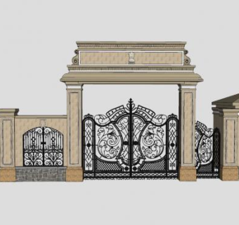 欧式铁艺大门围墙SU模型下载_sketchup草图大师SKP模型