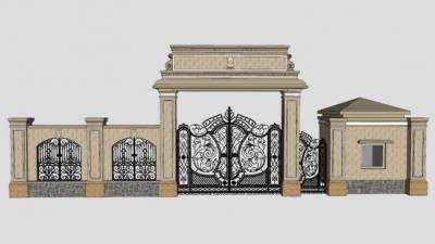 欧式铁艺大门围墙SU模型下载_sketchup草图大师SKP模型