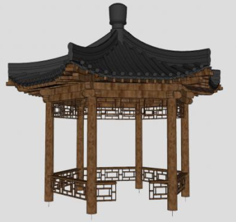 木制六角亭凉亭SU模型下载_sketchup草图大师SKP模型