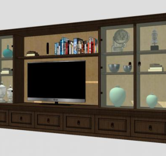美式木质简约电视柜SU模型下载_sketchup草图大师SKP模型