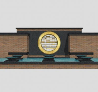 新中式室外水池景墙SU模型下载_sketchup草图大师SKP模型