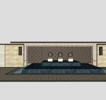 新中式水池景墙SU模型下载_sketchup草图大师SKP模型