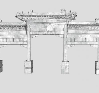 4柱3间牌坊SU模型下载_sketchup草图大师SKP模型