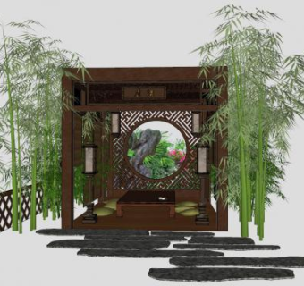 中式观景竹子凉亭SU模型下载_sketchup草图大师SKP模型