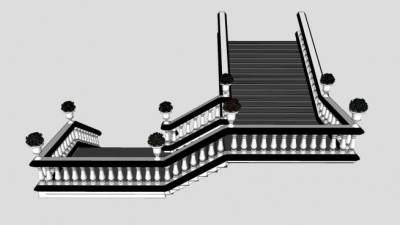 花瓶柱多跑楼梯SU模型下载_sketchup草图大师SKP模型