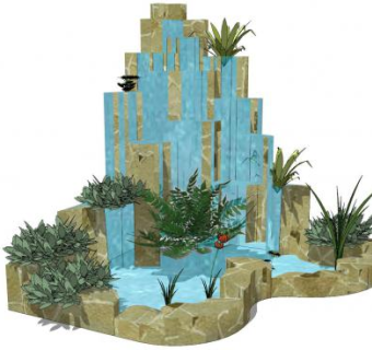 假山流水池SU模型下载_sketchup草图大师SKP模型