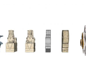 石狮子抱鼓石花钵雕塑小品SU模型下载_sketchup草图大师SKP模型