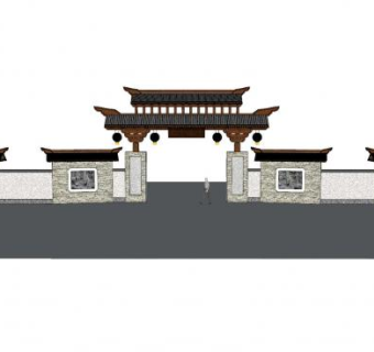 中式大门围墙带灯笼SU模型下载_sketchup草图大师SKP模型