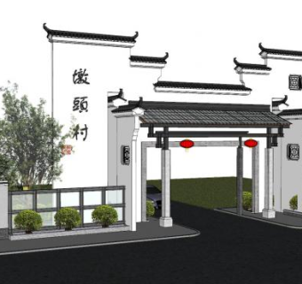 中式景墙大门入口SU模型下载_sketchup草图大师SKP模型