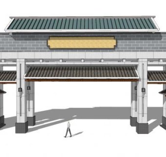 中式小区入口大门门卫亭SU模型下载_sketchup草图大师SKP模型