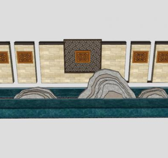 新中式风格室外景墙SU模型下载_sketchup草图大师SKP模型