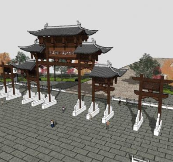 广场门坊门楼牌坊公园大门SU模型下载_sketchup草图大师SKP模型