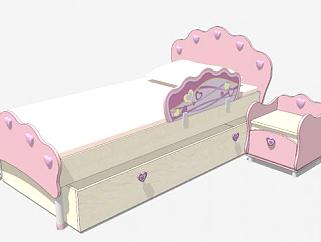 粉色儿童床和床头柜SU模型下载_sketchup草图大师SKP模型