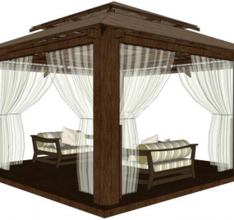 带帘帐的亭子凉亭SU模型下载_sketchup草图大师SKP模型