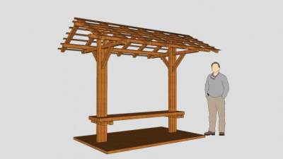 户外凉棚木座椅SU模型下载_sketchup草图大师SKP模型