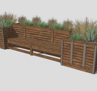 木制带花箱的景观休闲长椅座椅SU模型下载_sketchup草图大师SKP模型