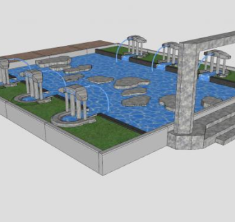 古典石水池景观SU模型下载_sketchup草图大师SKP模型