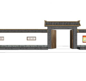 中式院门围墙及宣传栏框SU模型下载_sketchup草图大师SKP模型