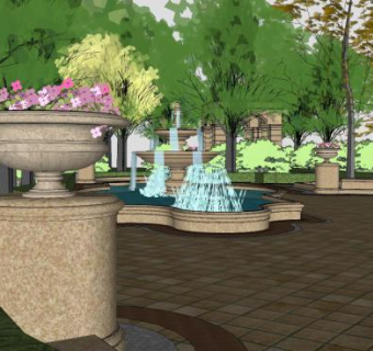 欧式凉亭廊架水景SU模型下载_sketchup草图大师SKP模型