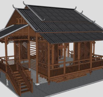 中式瓦顶木制凉亭SU模型下载_sketchup草图大师SKP模型