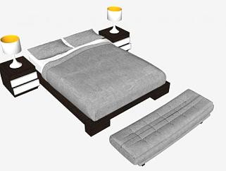北欧灰色双人床和一对床头柜SU模型下载_sketchup草图...