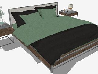 北欧风情<em>墨绿</em>色床和一对床头柜SU模型下载_sketchup...