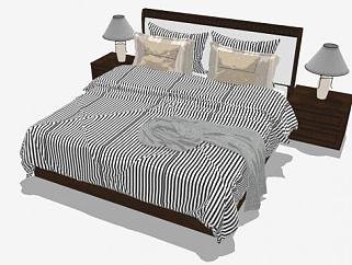 北欧风格条纹双人床和一对床头<em>柜</em>SU模型下载_sketchup...