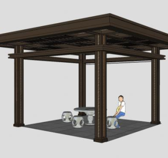 现代中式亭子石桌石凳SU模型下载_sketchup草图大师SKP模型