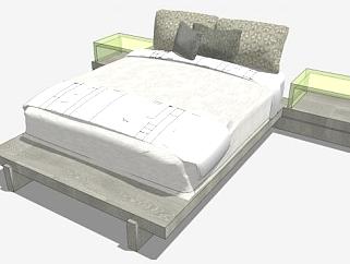 现代布艺创意双人床和一对床头柜SU模型下载_sketchup草图大师SKP模型