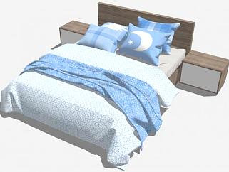 现代北欧淡蓝色床和床头柜SU模型下载_sketchup草图...