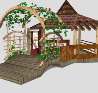 带花架的茅草亭子SU模型下载_sketchup草图大师SKP模型