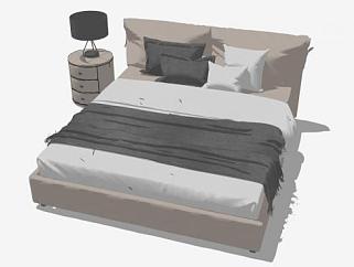北欧浅棕色精品双人床和床头柜SU模型下载_sketchup草图大师SKP模型