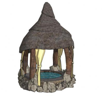 露天温泉泡澡池茅草亭SU模型下载_sketchup草图大师SKP模型