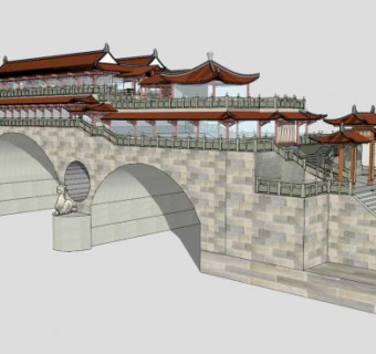 中式景区廊桥景观桥多孔石拱桥SU模型下载_sketchup草图大师SKP模型