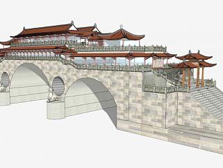 中式景区廊桥景观桥多孔石拱桥SU模型下载_sketchup草图大师SKP模型