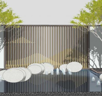 新中式景观墙水景墙SU模型下载_sketchup草图大师SKP模型