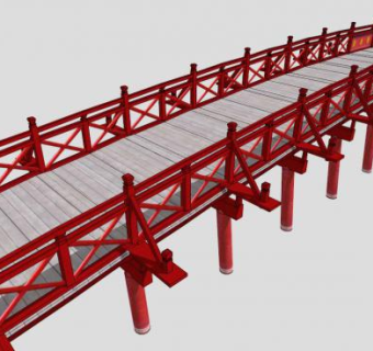 中式红色护栏弧形景观木桥SU模型下载_sketchup草图大师SKP模型